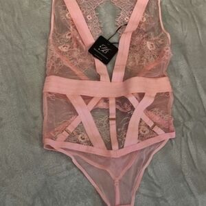 Honey Birdette Pink Lace Sheer Strappy Bodysuit